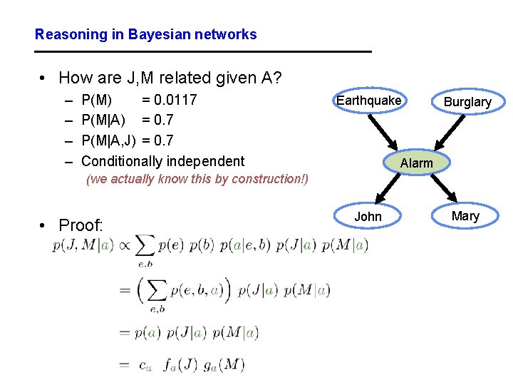 Reasoning in Bayesian networks • How are J, M related given A? – –