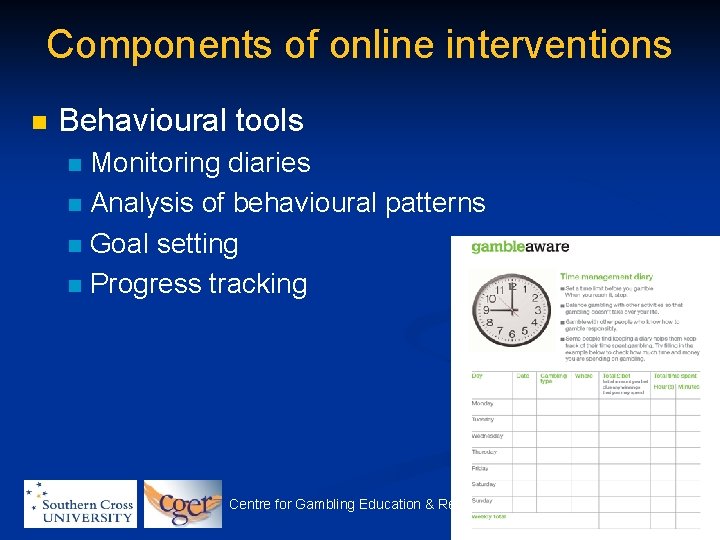 Components of online interventions n Behavioural tools Monitoring diaries n Analysis of behavioural patterns