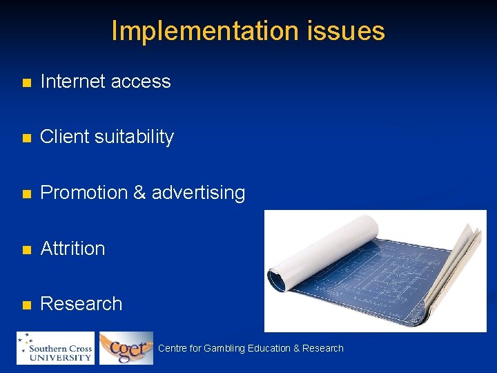 Implementation issues n Internet access n Client suitability n Promotion & advertising n Attrition