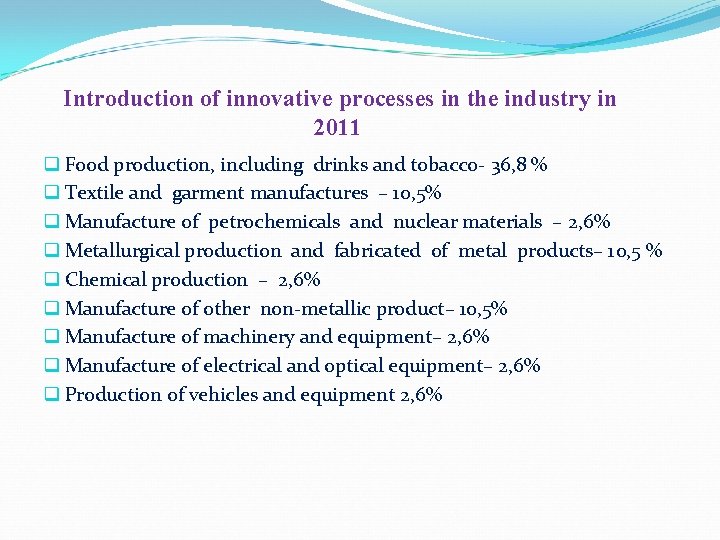 Introduction of innovative processes in the industry in 2011 q Food production, including drinks Introduction of innovative processes in the industry in 2011 q Food production, including drinks