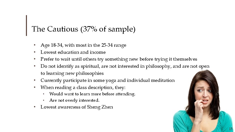 The Cautious (37% of sample) • • • Age 18 -34, with most in