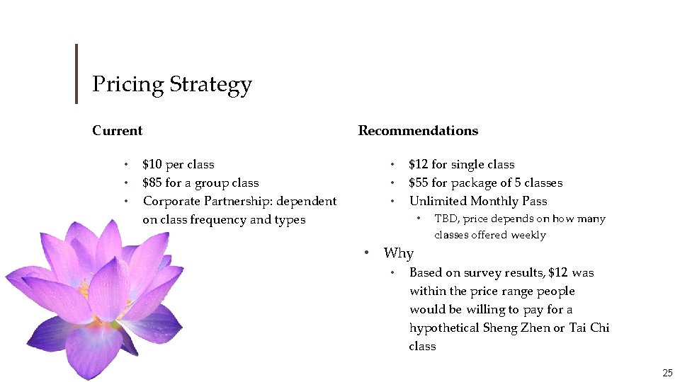 Pricing Strategy Current • • • Recommendations $10 per class $85 for a group