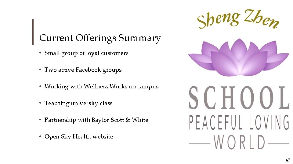 Current Offerings Summary • Small group of loyal customers • Two active Facebook groups