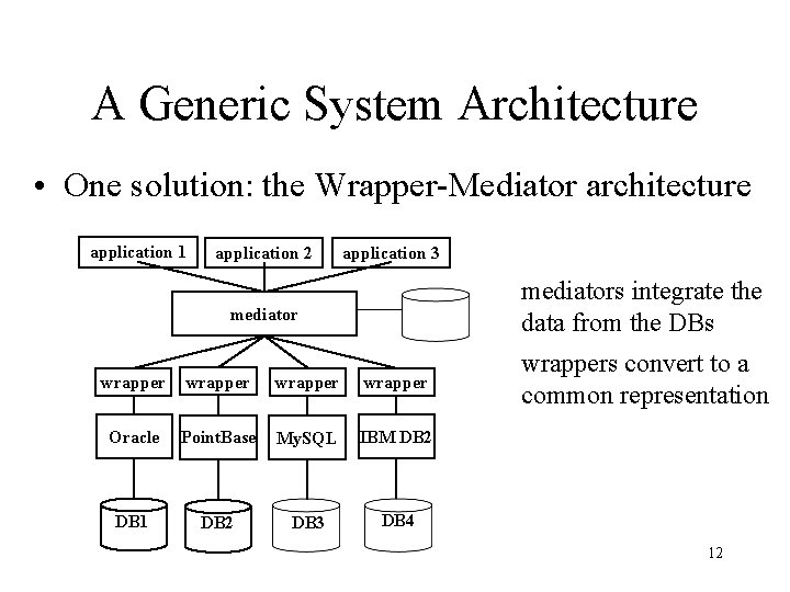 A Generic System Architecture • One solution: the Wrapper-Mediator architecture application 1 application 2