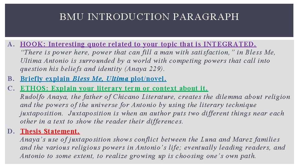 BMU INTRODUCTION PARAGRAPH A. HOOK: Interesting quote related to your topic that is INTEGRATED.
