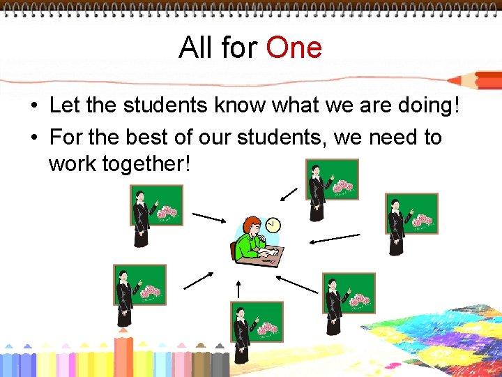 All for One • Let the students know what we are doing! • For
