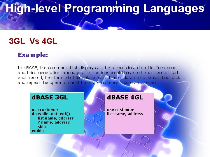 High-level Programming Languages 3 GL Vs 4 GL Example: In d. BASE, the command