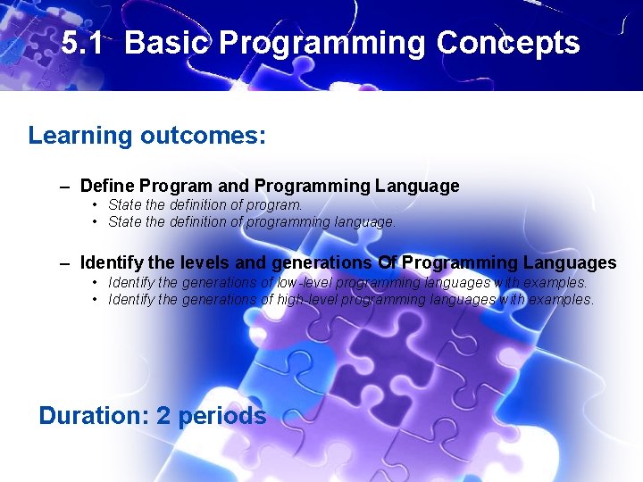 5. 1 Basic Programming Concepts Learning outcomes: – Define Program and Programming Language •