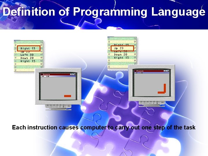 Definition of Programming Language Each instruction causes computer to carry out one step of