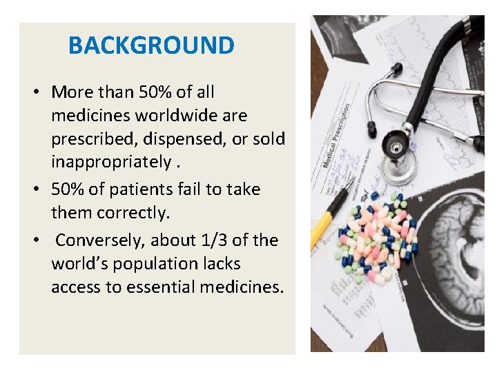 BACKGROUND • More than 50% of all medicines worldwide are prescribed, dispensed, or sold