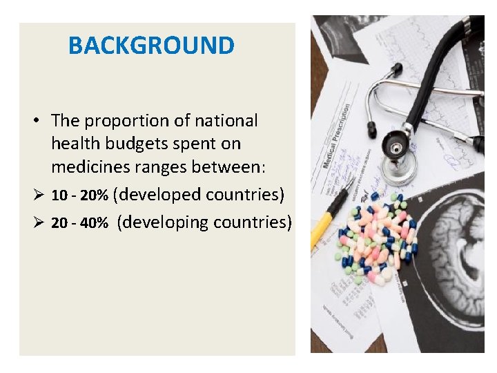 BACKGROUND • The proportion of national health budgets spent on medicines ranges between: Ø