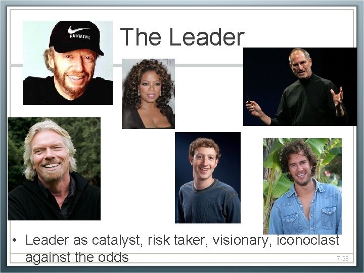 The Leader • Leader as catalyst, risk taker, visionary, iconoclast 7 -28 against the