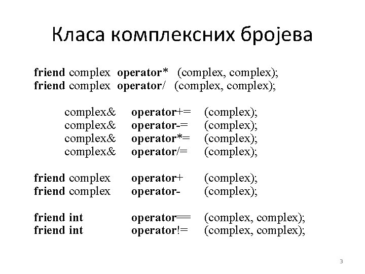 Класа комплексних бројева friend complex operator* (complex, complex); friend complex operator/ (complex, complex); complex&
