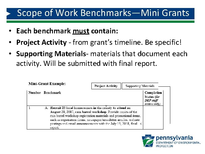 Scope of Work Benchmarks—Mini Grants • Each benchmark must contain: • Project Activity -