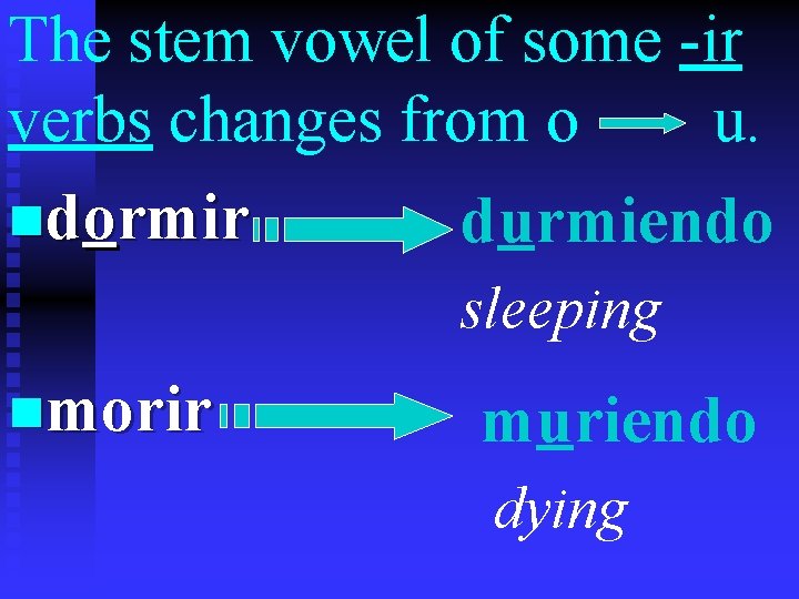 The stem vowel of some -ir verbs changes from o u. ndormir durmiendo sleeping