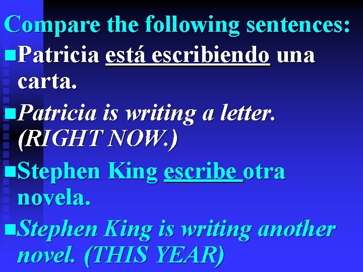 Compare the following sentences: n. Patricia está escribiendo una carta. n. Patricia is writing