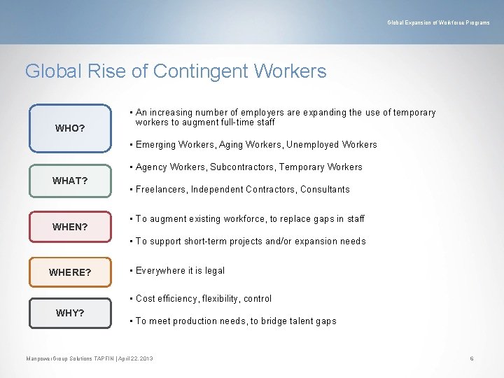 Global Expansion of Workforce Programs Global Rise of Contingent Workers WHO? • An increasing