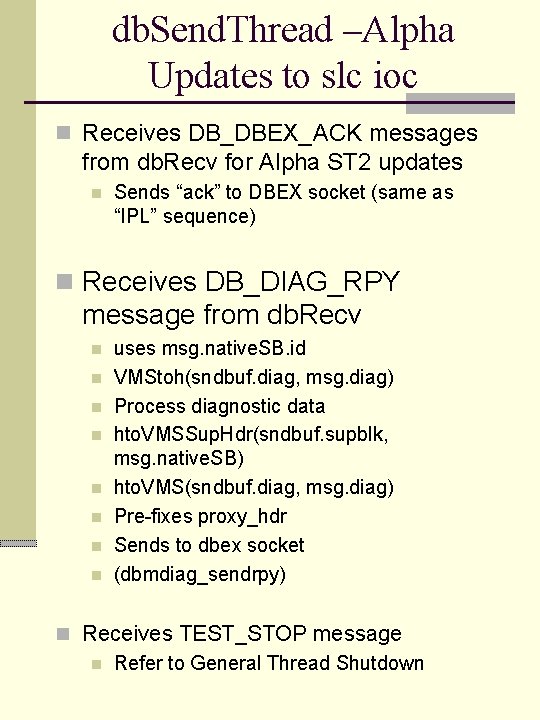 db. Send. Thread –Alpha Updates to slc ioc n Receives DB_DBEX_ACK messages from db.