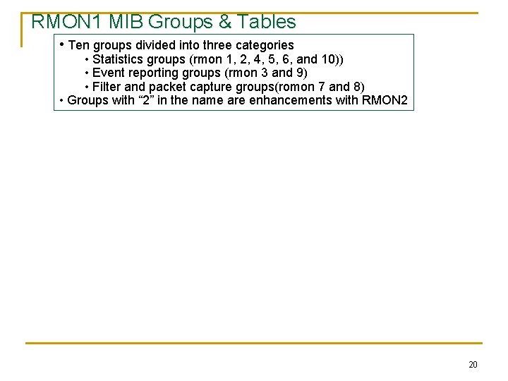 RMON 1 MIB Groups & Tables • Ten groups divided into three categories •