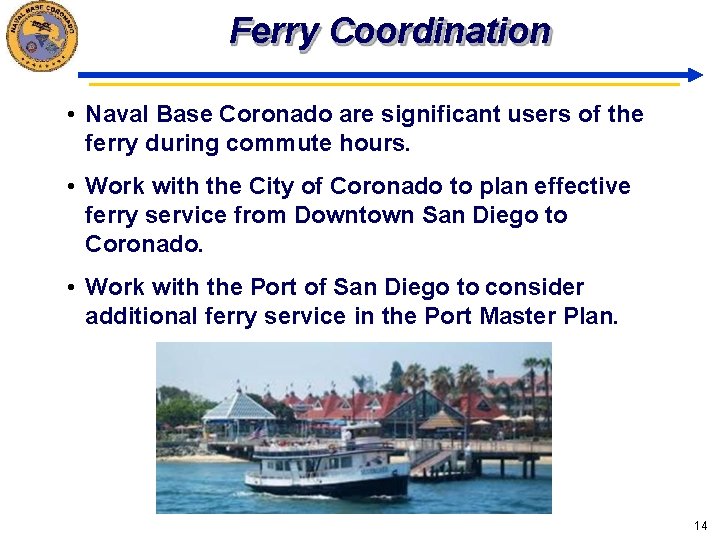 Ferry Coordination • Naval Base Coronado are significant users of the ferry during commute