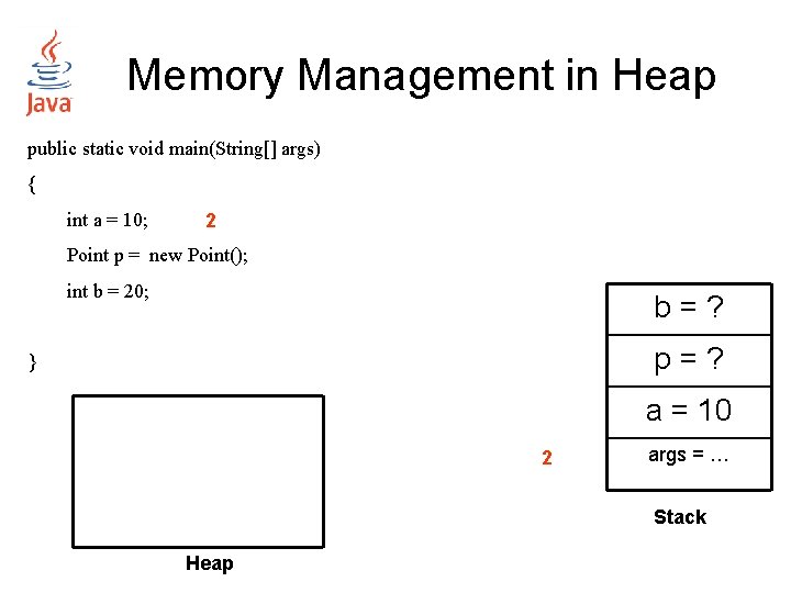 Memory Management in Heap public static void main(String[] args) { int a = 10;