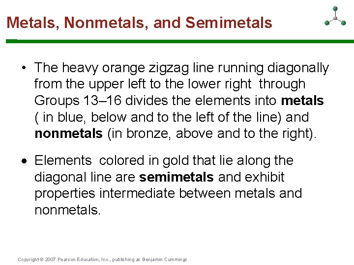 Metals, Nonmetals, and Semimetals • The heavy orange zigzag line running diagonally from the