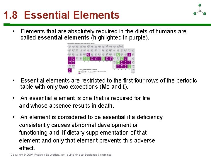 1. 8 Essential Elements • Elements that are absolutely required in the diets of