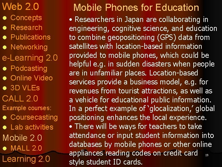 Web 2. 0 l l Concepts Research Publications Networking e-Learning 2. 0 Podcasting l