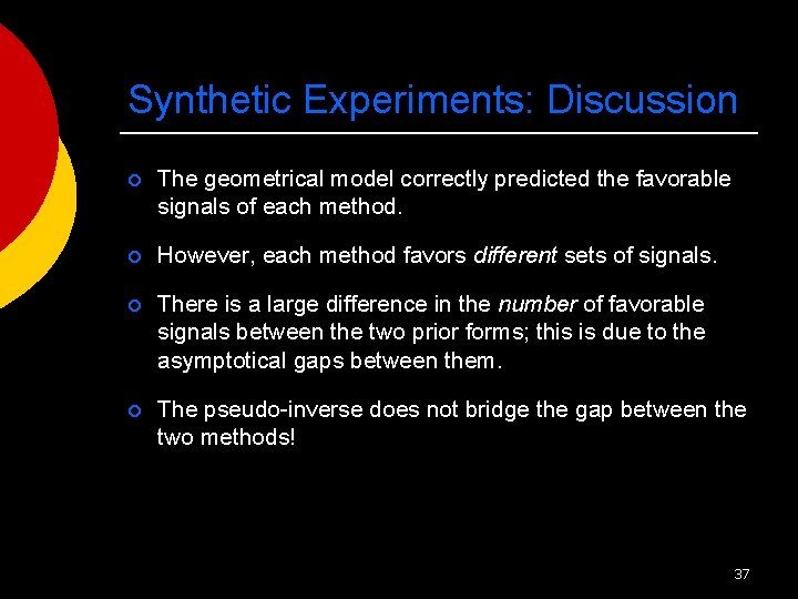 Synthetic Experiments: Discussion ¡ The geometrical model correctly predicted the favorable signals of each