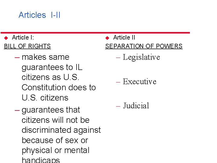 Articles I-II Article I: BILL OF RIGHTS u – makes same guarantees to IL