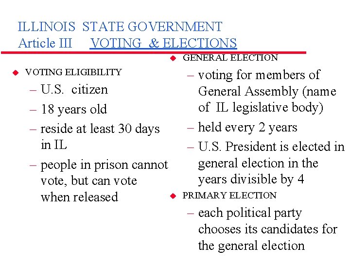 ILLINOIS STATE GOVERNMENT Article III VOTING & ELECTIONS u u VOTING ELIGIBILITY – U.