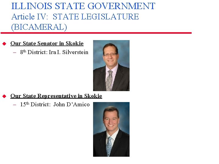 ILLINOIS STATE GOVERNMENT Article IV: STATE LEGISLATURE (BICAMERAL) u Our State Senator in Skokie