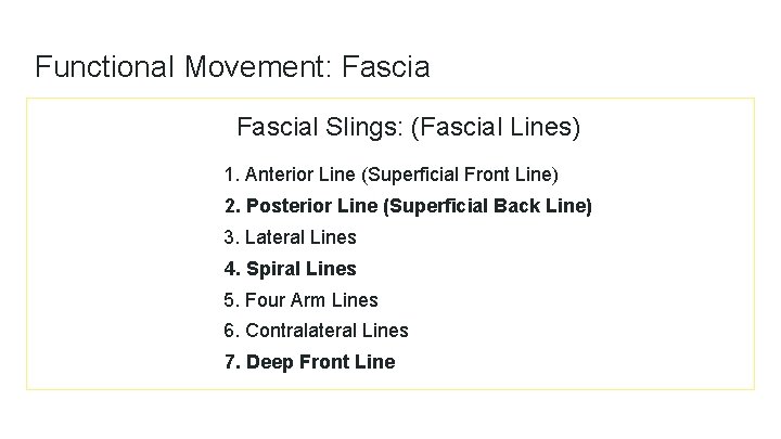 Functional Movement: Fascia Fascial Slings: (Fascial Lines) 1. Anterior Line (Superficial Front Line) 2.