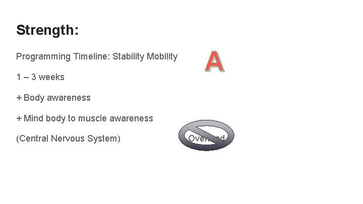 Strength: Programming Timeline: Stability Mobility 1 – 3 weeks A + Body awareness +