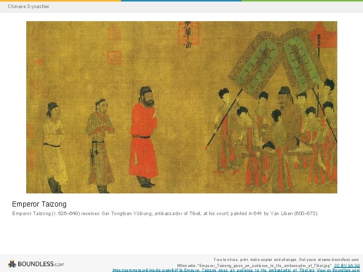 Chinese Dynasties Emperor Taizong (r. 626– 649) receives Gar Tongtsen Yülsung, ambassador of Tibet,