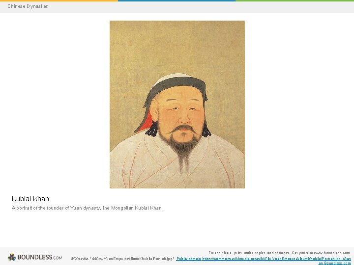 Chinese Dynasties Kublai Khan A portrait of the founder of Yuan dynasty, the Mongolian