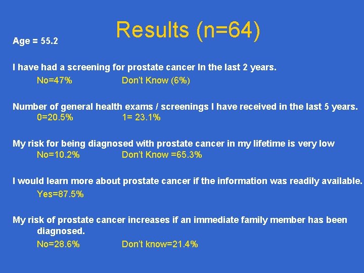 Age = 55. 2 Results (n=64) I have had a screening for prostate cancer