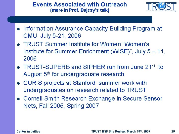 Events Associated with Outreach (more in Prof. Bajcsy’s talk) l l l Information Assurance