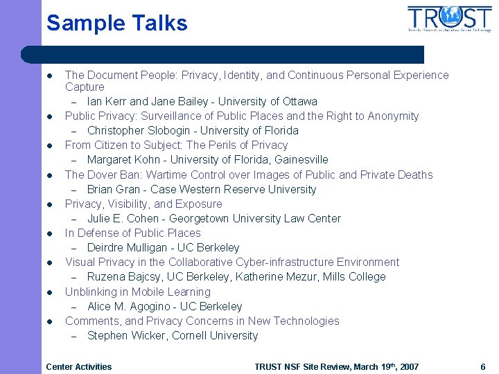 Sample Talks l l l l l The Document People: Privacy, Identity, and Continuous