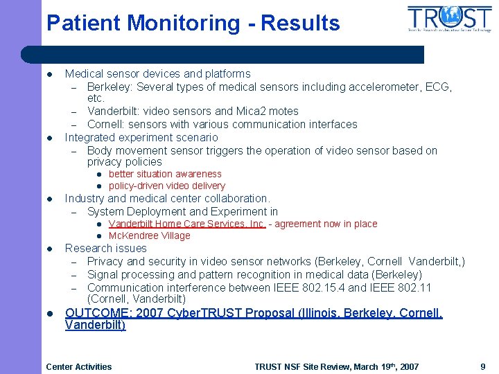 Patient Monitoring - Results l l Medical sensor devices and platforms – Berkeley: Several