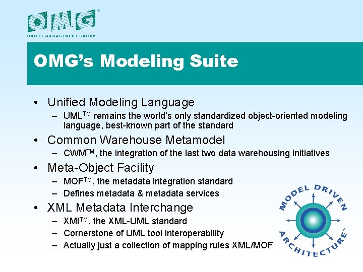 OMG’s Modeling Suite • Unified Modeling Language – UMLTM remains the world’s only standardized