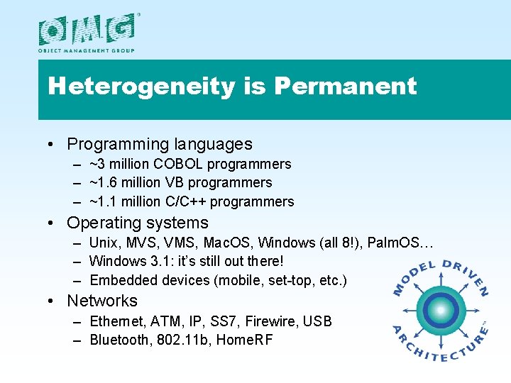 Heterogeneity is Permanent • Programming languages – ~3 million COBOL programmers – ~1. 6