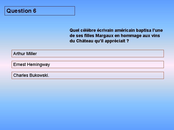 Question 6 Quel célèbre écrivain américain baptisa l’une de ses filles Margaux en hommage