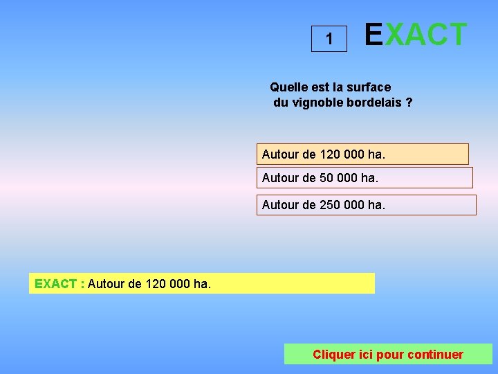 1 EXACT Quelle est la surface du vignoble bordelais ? Autour de 120 000