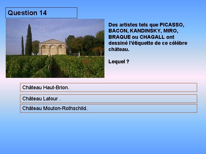 Question 14 Des artistes tels que PICASSO, BACON, KANDINSKY, MIRO, BRAQUE ou CHAGALL ont