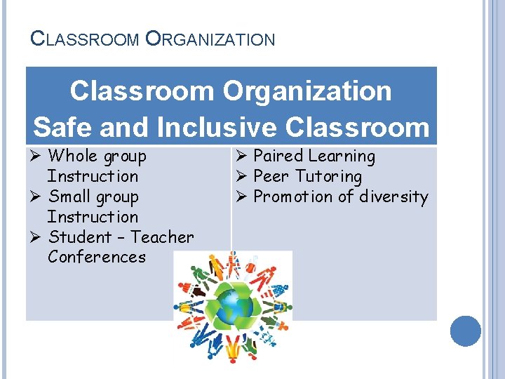 CLASSROOM ORGANIZATION Classroom Organization Safe and Inclusive Classroom Whole group Instruction Small group Instruction