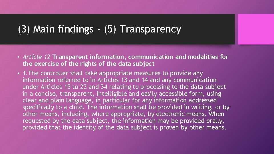 (3) Main findings - (5) Transparency • Article 12 Transparent information, communication and modalities