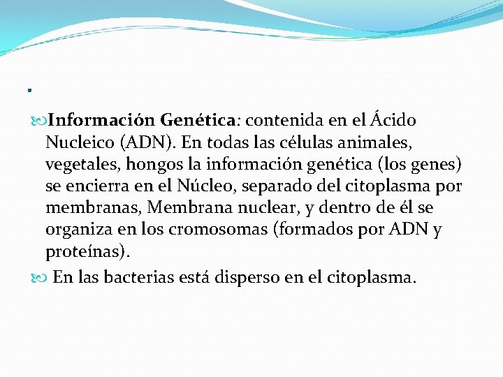 . Información Genética: contenida en el Ácido Nucleico (ADN). En todas las células animales,