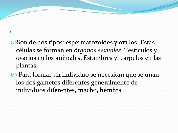 . Son de dos tipos: espermatozoides y óvulos. Estas células se forman en órganos