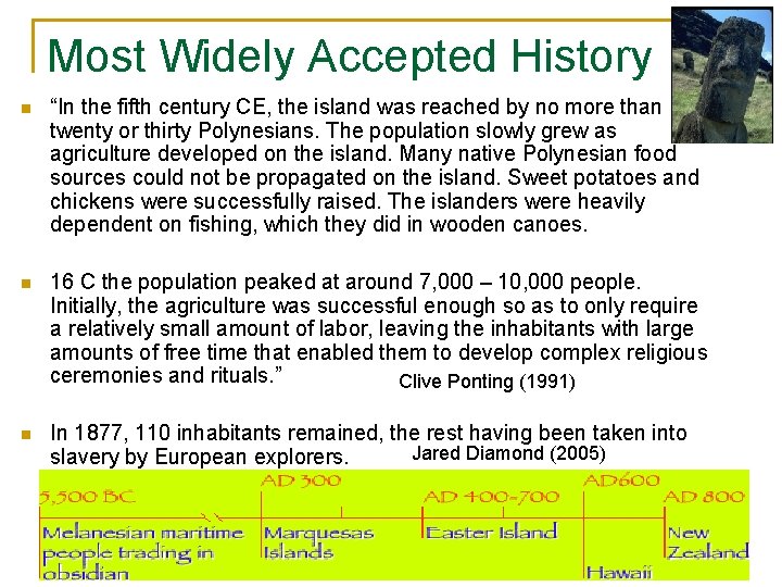 Most Widely Accepted History n “In the fifth century CE, the island was reached